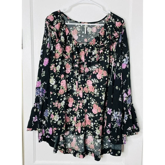 FREE PEOPLE Lorretta Floral Tunic Dark Combo Womens XS Oversized Ruffle Boho - Picture 1 of 11